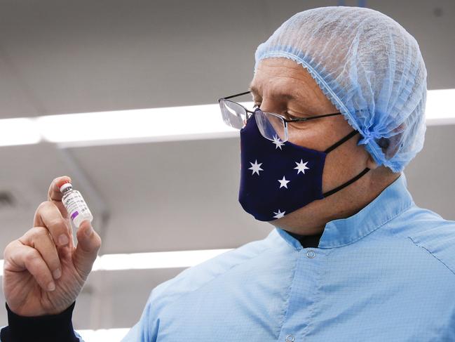 MELBOURNE, AUSTRALIA - FEBRUARY 12: Prime Minister Scott Morrison visits the CSL vaccine manufacturing facility on February 12, 2021 in Melbourne, Australia. Pharmaceutical company CSL is manufacturing Australia's Oxford-AstraZeneca COVID-19 vaccines.  (Photo by David Caird-Pool/Getty Images)