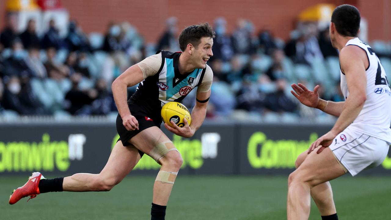 Zak Butters was fined for two separate incidents against the Blues. Picture: James Elsby/AFL Photos