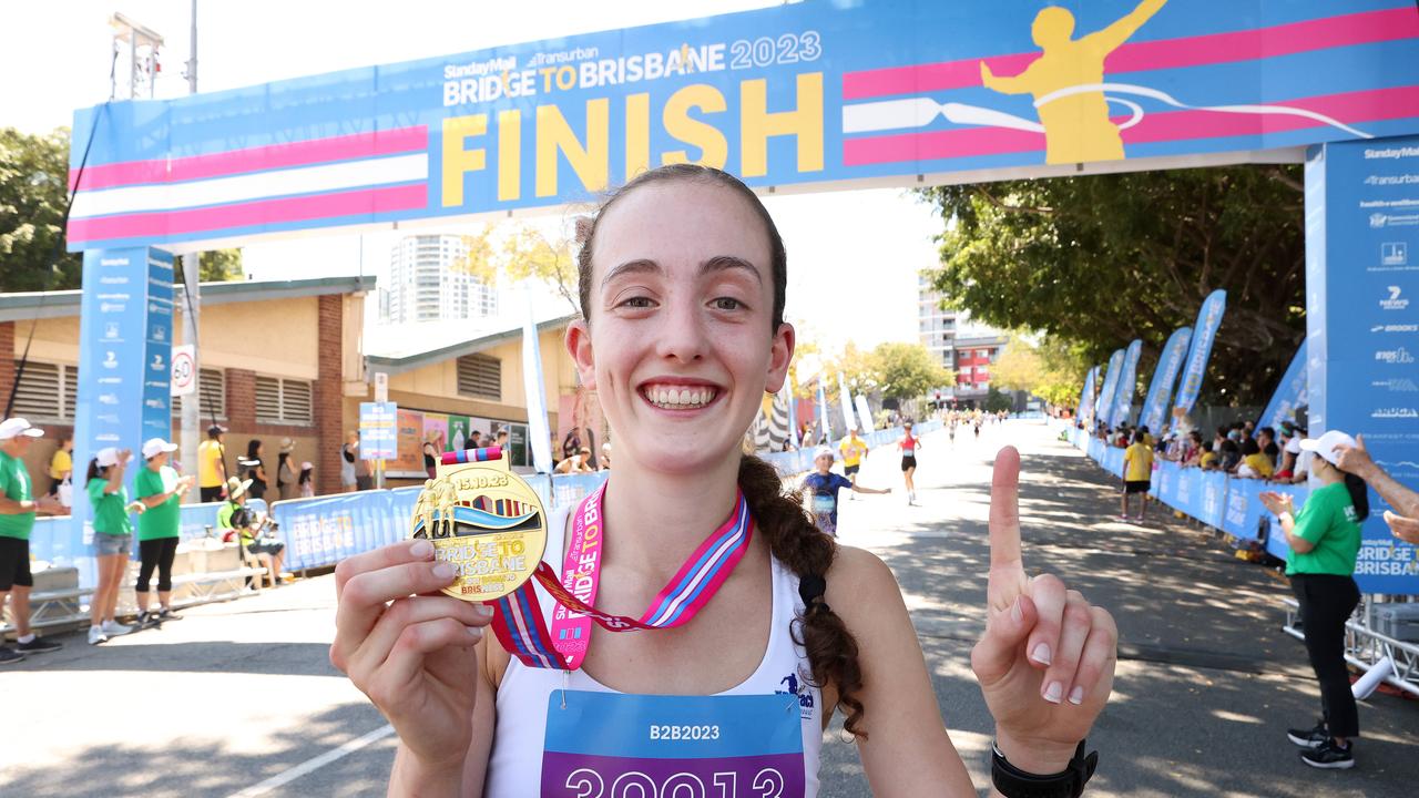 Winner Kobi Walker, 16, Bridge to Brisbane, 4.5km Finish Line, Bowen Hills. Picture: Liam Kidston