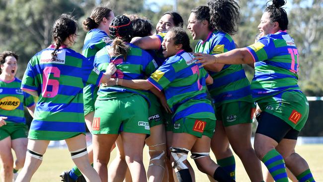 GPS girls celebrate a try Girls Rugby Sunnybank v GPS Saturday July 9, 2022. Picture, John Gass