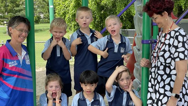 Kilkivan State School (P-10) (back from left) Jaxon Heeb, Chase Smith, Joey Hill, (front from left) Montana Ryan, Johnie, Annacey-Rose Grott, and teachers Chantelle Lewis (Ms Channy) (left) and Julia Black. Gympie My First Year. Silly faces.