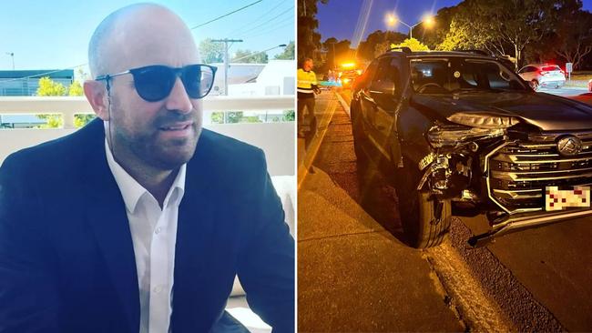 Mitchell Barry Sullivan, 36, and his smashed SUV following the drink-driving crash at Mermaid Waters.