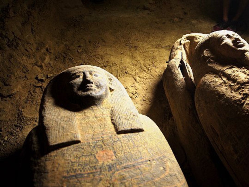 Some 2500-year-old wooden coffins discovered in a burial shaft at the desert necropolis of Saqqara. Picture: Egyptian Ministry of Antiquities/AFP