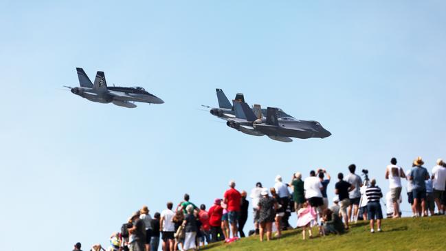 The F-35 Joint Strike Fighters put on a show over Newcastle. Picture: Peter Lorimer.