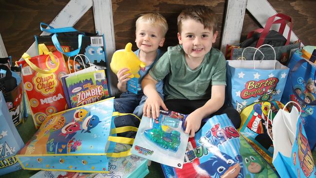 Harvey and Emmett Lovell got an exclusive sneak peek to some of this year’s showbags earlier last month. Picture: Dean Martin