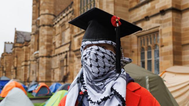 University staff member, Elizabeth, at a pro-Palestinian rally and tent city at the University of Sydney. Picture: NCA NewsWire/David Swift