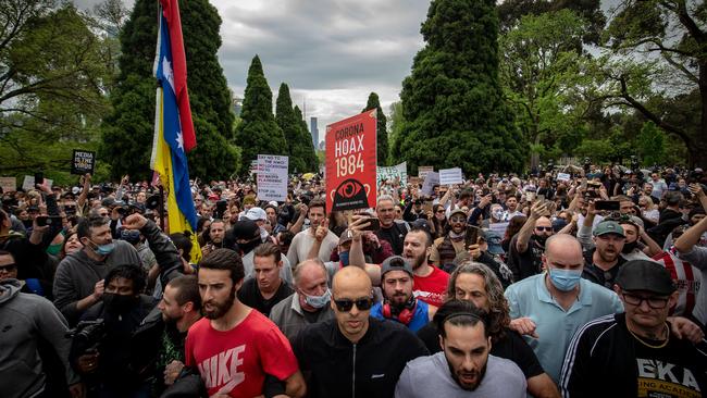 A crowd gathers to protest at the Shrine of Remembrance in Melbourne on Friday calling for the end of lockdown restrictions in Victoria. Picture: Darrian Traynor/Getty Images