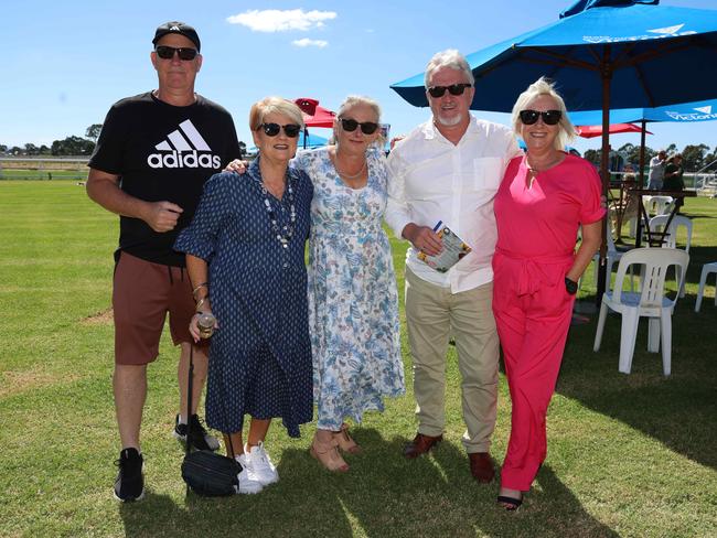 BAIRNSDALE, AUSTRALIA – MARCH 22 2024 Brett, Jennifer, Jen, Dean and Linda attend the Bairnsdale Cup race day. Picture: Brendan Beckett