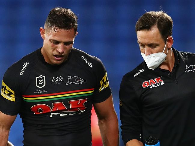 GOLD COAST, AUSTRALIA - SEPTEMBER 03: Scott Sorensen of the Panthers leaves the field during the round 25 NRL match between the Parramatta Eels and the Penrith Panthers at Cbus Super Stadium, on September 03, 2021, in Gold Coast, Australia. (Photo by Chris Hyde/Getty Images)