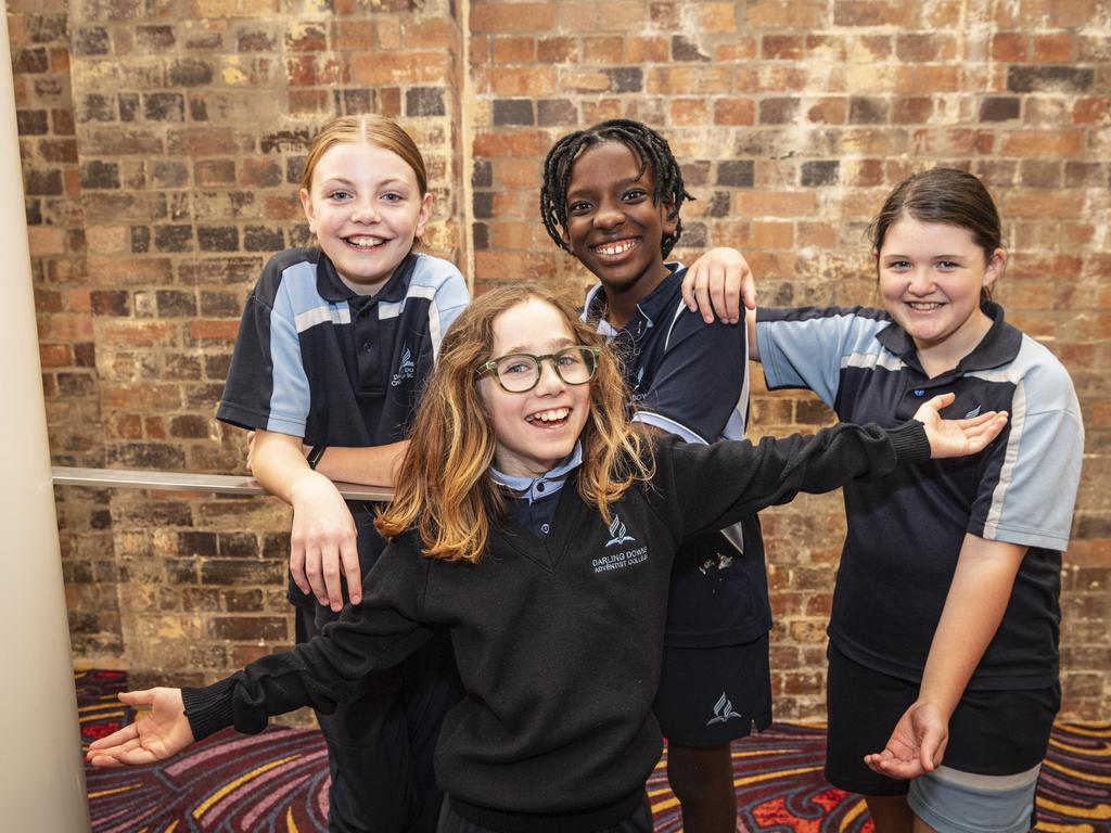 Darling Downs Adventist College students (from left) Stephanie Lee, Cora Post, Shaneque Fablice and Isabella Clark on day one of Sing Out 2024 at The Empire, Tuesday, June 4, 2024. Picture: Kevin Farmer