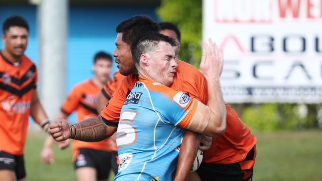 Colt Salmond is heavily concussed after his jaw connected with Mat Lamea’s shoulder in a tackle during the Round 2 match of the Lightning Challenge between the Northern Pride Reef Kings and the Tully Tigers, held at Stan Williams Park. PICTURE: BRENDAN RADKE