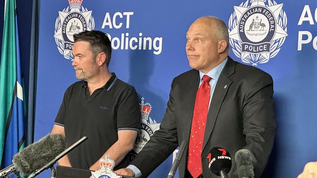 John Mikita and Detective Superintendent Scott Moller speak to media on September 20, 2023 following an arrest in the murder investigation of Irma Palasics in Canberra in 1999. Picture: Sam Turner