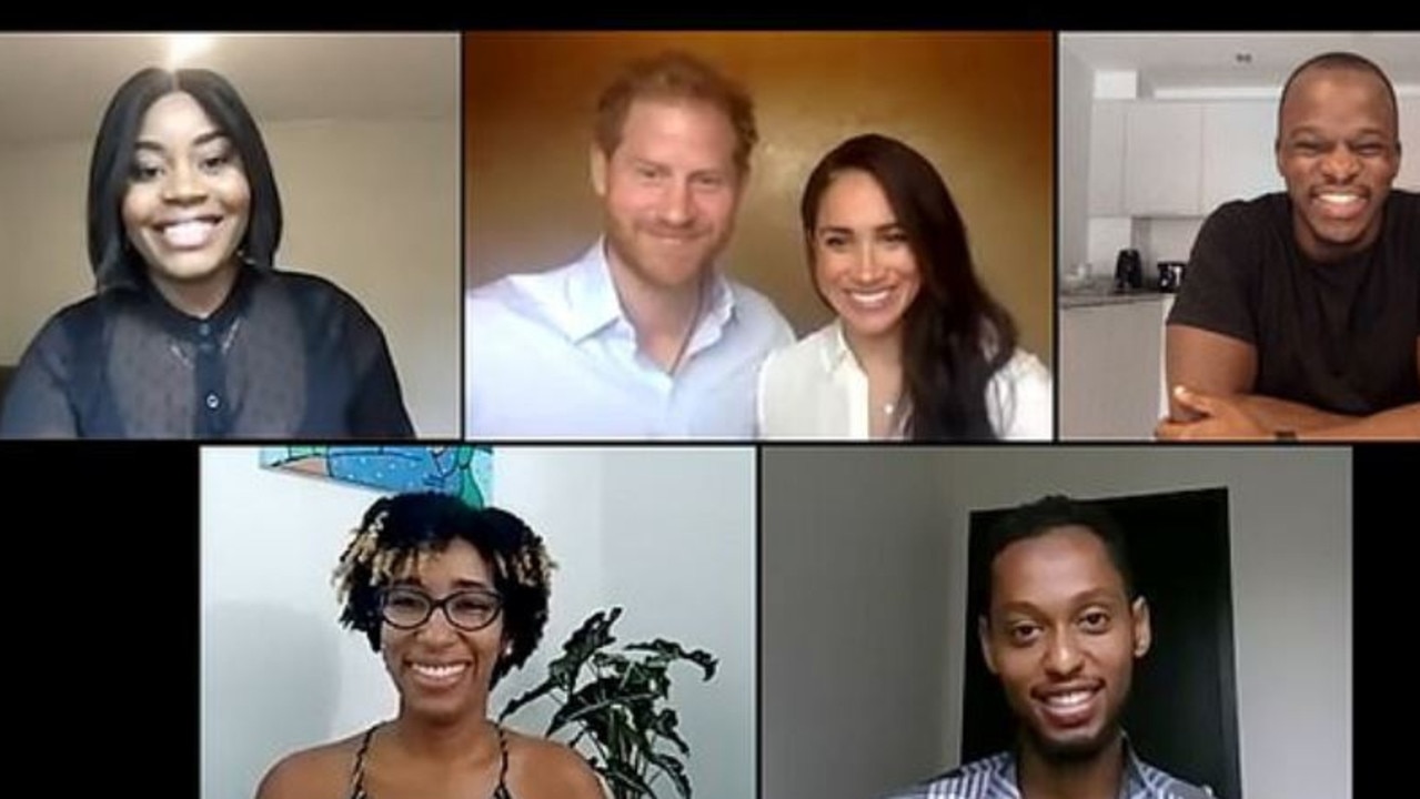 Prince Harry and Meghan Markle with young leaders from around the Commonwealth. Picture: The Queen's Commonwealth Trust