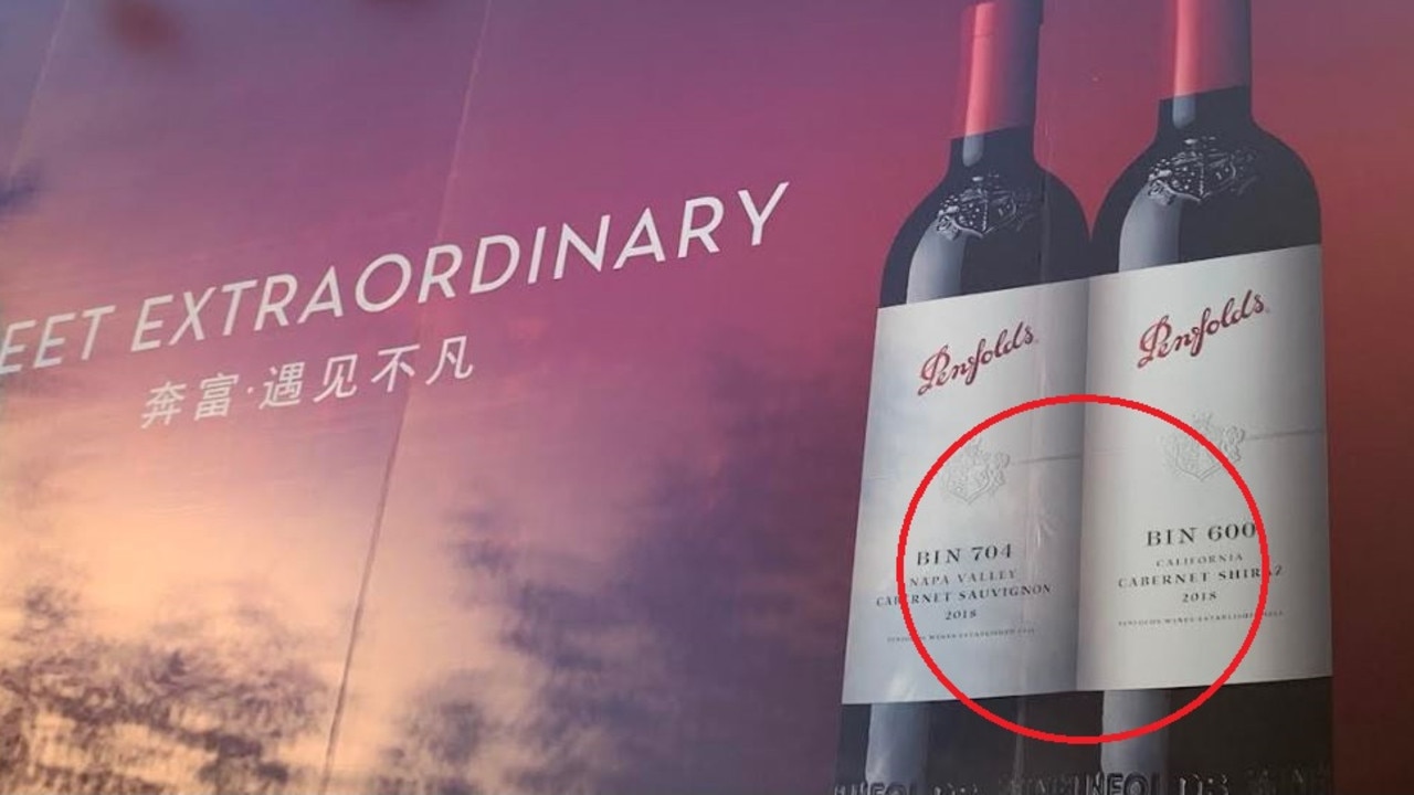 This photo, taken in Shanghai’s Xintiandi district in November, reveals the iconic Australian Penfolds wine brand is now sourcing grapes from the Napa Valley and California. Picture: Supplied