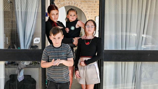 Stephanie Scott with her children Jasmine, 12, Jordon, 8, and Leon 2. Stephanie has spent years on the public waitlist and months in a motel. Picture: Brenton Edwards