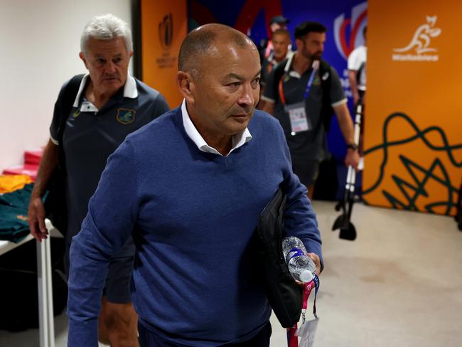 LYON, FRANCE - SEPTEMBER 24: Eddie Jones, Head Coach of Australia, arrives at the stadium prior to the Rugby World Cup France 2023 match between Wales and Australia at Parc Olympique on September 24, 2023 in Lyon, France. (Photo by Chris Hyde/Getty Images)