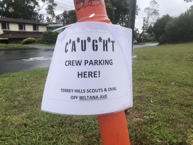 Space has been set aside in the car park at Terrey Hills Oval and Scout Hall for vehicles associated with the production of C*A*U*G*H*T. Picture: Jim O'Rourke