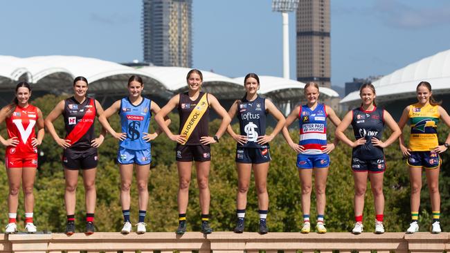 Standing tall: Emerging SANFLW stars, from left, North Adelaide’s Laela Ebert, West Adelaide’s Lucy Boyd, Sturt’s India Rasheed, Glenelg’s Poppy Scholz, South Adelaide’s Esther Schirmer, Central District’s Jasmine Evans, Norwood’s Emma Daley and Woodville-West Torrens’ Grace Martin. Picture: Brett Hartwig