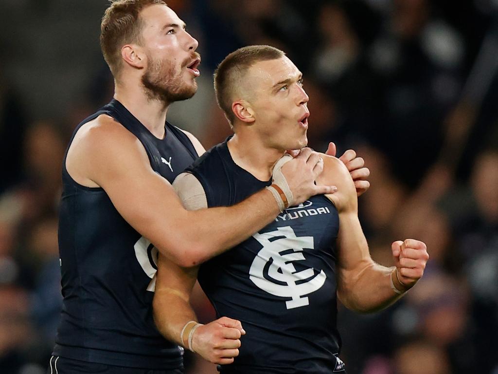 Carlton’s Harry McKay and Patrick Cripps celebrate during a win over North Melbourne at Marvel Stadium. Picture: Michael Willson/AFL Photos via Getty Images