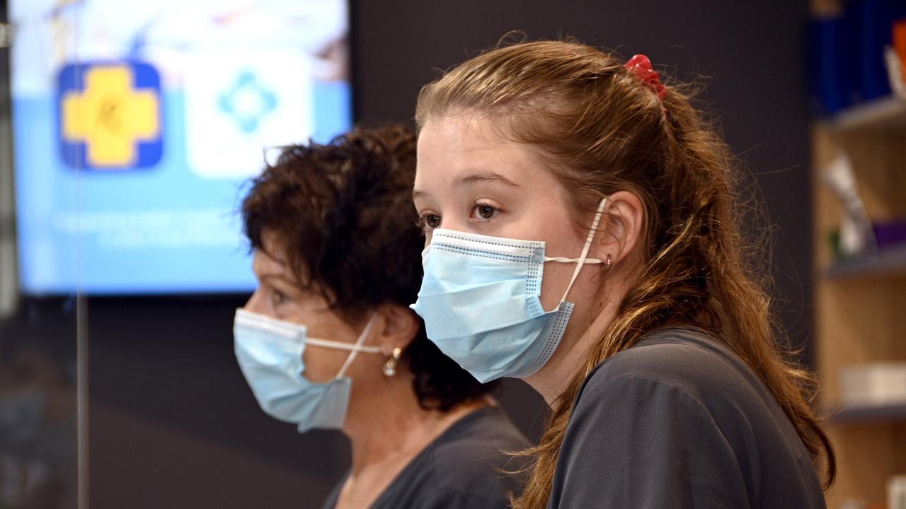 Colleen Barham, pharmacy manager (left) and Tirian Munro pharmacy worker. Masks are sold out with deliveries expected later today. COVID-19, coronavirus.