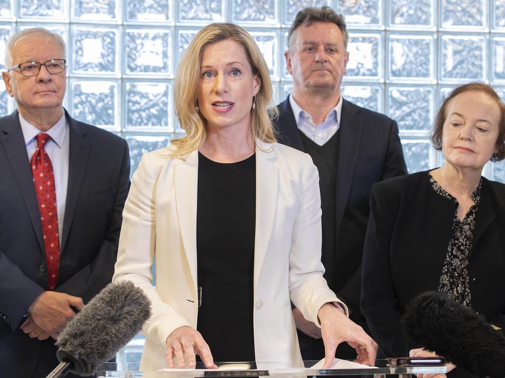 Tasmanian Labor leader Rebecca White, retired senators Doug Cameron, Nick Sherry and Senator Carol Brown at Hobart. Picture: Chris Kidd