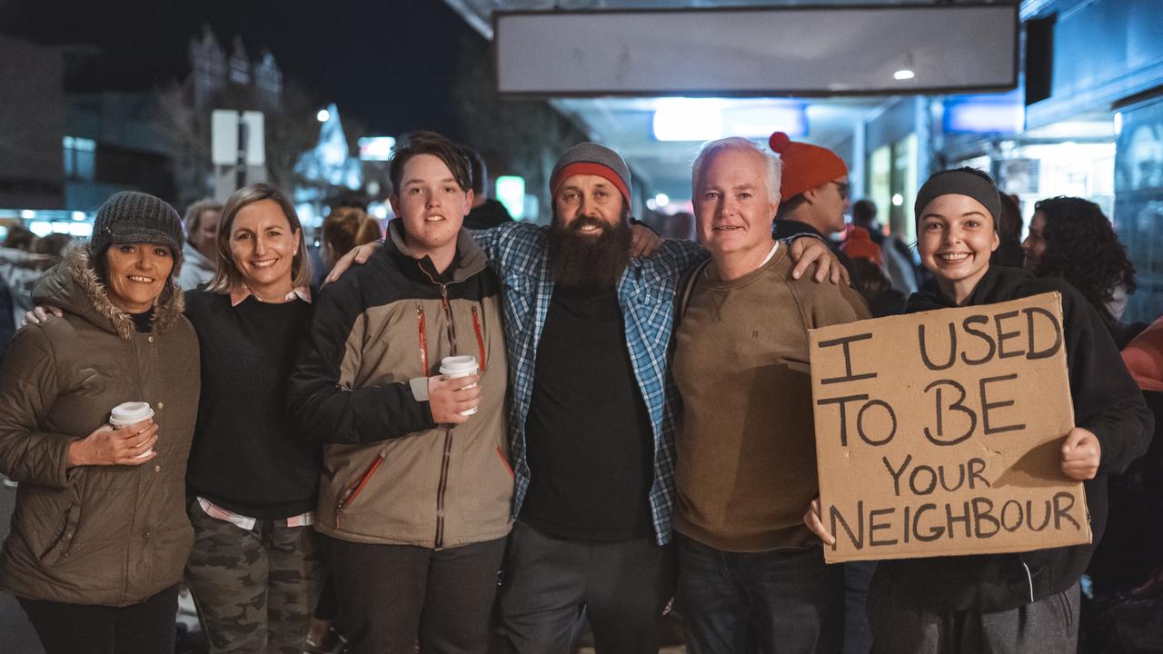 Participants (from left) Suzy Wenitong, Jacqui Armstrong, Matthew Drury, Nat Spary, Mark Rawlings, and Georgia Hanrahan at the Base Services' 2021 Homeless for a Night sleepout.