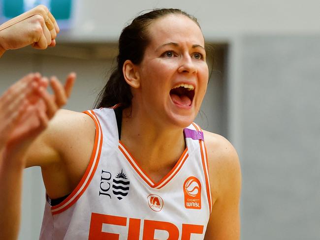 PERTH, AUSTRALIA - NOVEMBER 06: Alicia Froling of the Fire  celebrates from the bench during the round two WNBL match between Perth Lynx and Townsville Fire at Bendat Basketball Stadium, on November 06, 2024, in Perth, Australia. (Photo by James Worsfold/Getty Images)