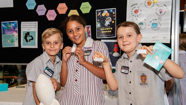 Haileybury Rendall School Arlo Hunton, Abigail Loganathan and Charlie Silvestor. Picture: Pema Tamang Pakhrin