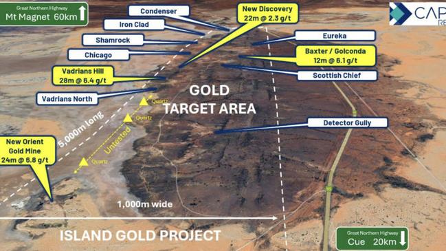 Aerial view of Island project corridor showing historical shallow gold workings and drill locations. Pic: Caprice Resources