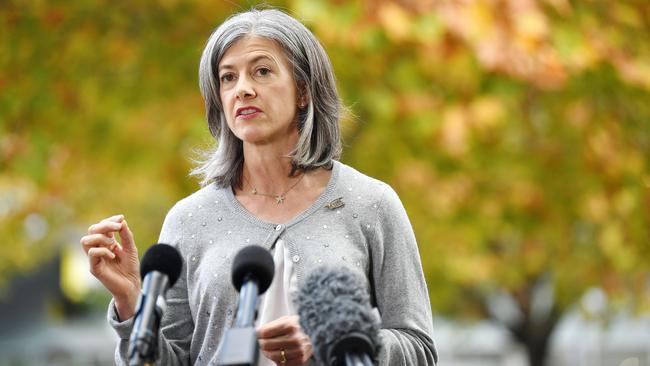 SA Chief Public Health Officer Professor Nicola Spurrier at press conference outside the SA Health building. Picture: Tom Huntley