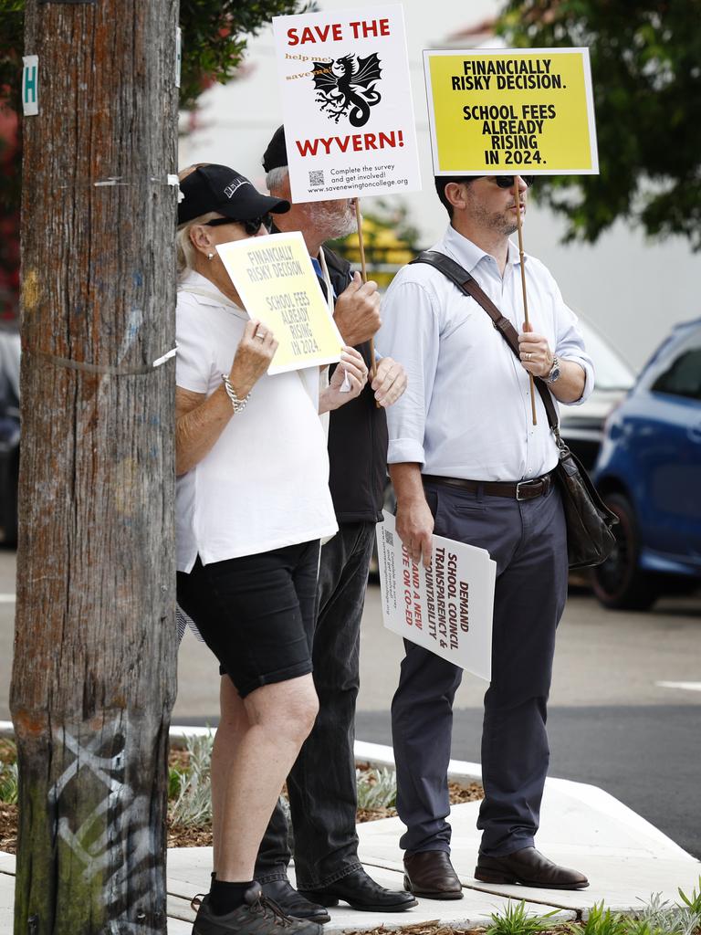 Anti-coed Newington parents protesting during a silent protest against the proposed switch to Newington becoming a co-ed school. Picture: Richard Dobson