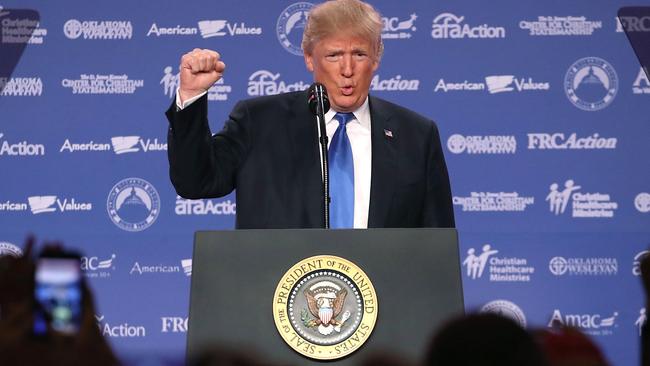 President Trump spoke to a room full of people about a meeting he had with the President of the Virgin Islands (aka himself). Picture: Mark Wilson/AFP