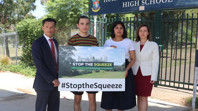 Macquarie Fields state Labor MP Anoulack Chanthivong, southwest Sydney resident Gryffyn Williams-Brooks, Labor candidate for Holsworthy Charishma Kaliyanda and Opposition Planning spokeswoman Tania Mihailuk are campaigning against overdevelopment in Sydney’s southwest. 