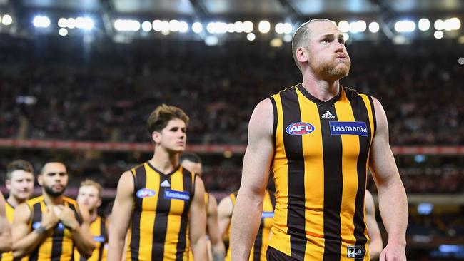 Jarryd Roughead, of the Hawks, looks dejected after losing the AFL semi-final match between Hawthorn and the Melbourne Demons the MCG last September. Picture: GETTY