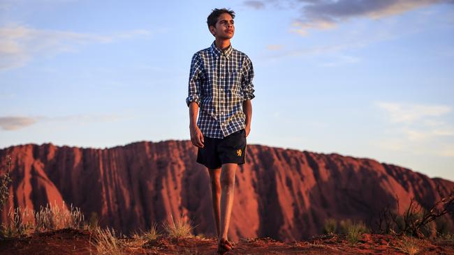 Deon Cole, 13, at home during a break from Sydney’s Scots College. ‘It’s starting to make him see a bigger world than Mutitjulu,’ his father says. Picture: Amos Aikman