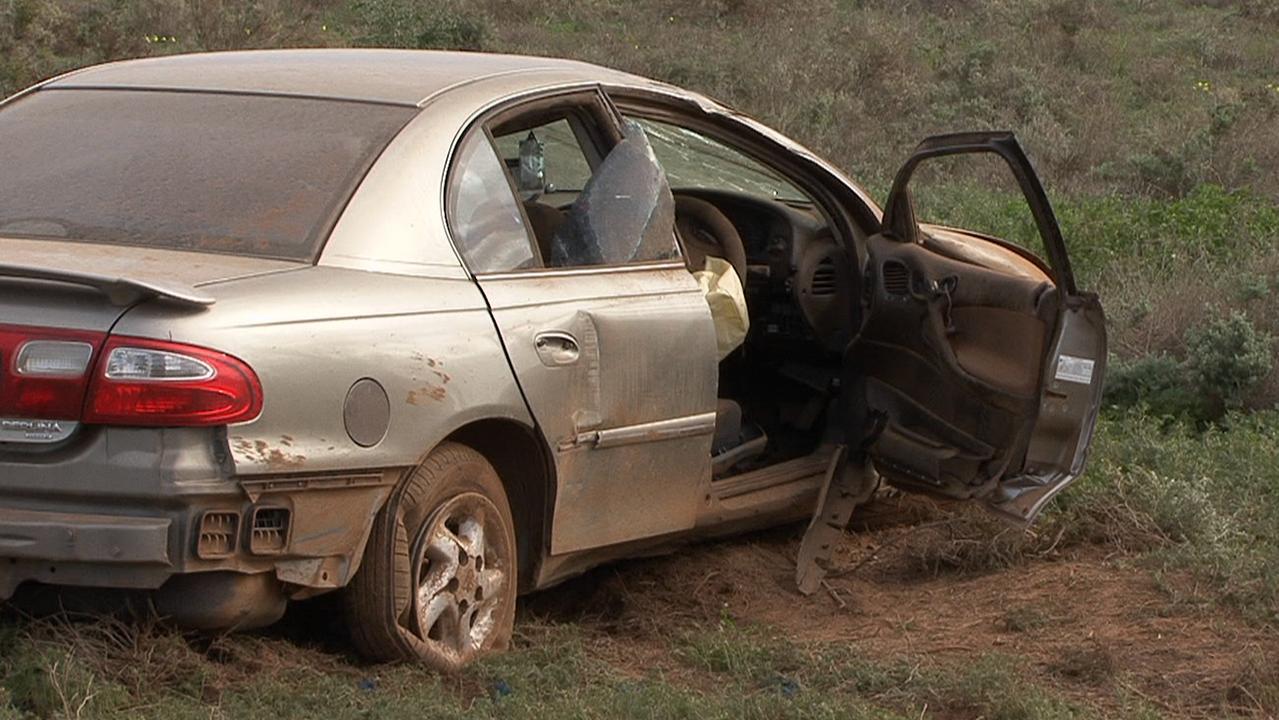 The crashed Commodore on the Lincoln Hwy, about 10km south of Cowell towards the Cleve turnoff. Picture: Ron Campbell