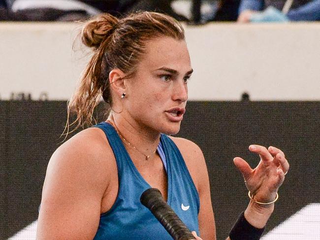 Belarus' Aryna Sabalenka reacts after a point against Slovenia's Kaja Juvan during their women's singles match at the Adelaide International tennis tournament in Adelaide on January 5, 2022. (Photo by Brenton Edwards / AFP) / -- IMAGE RESTRICTED TO EDITORIAL USE - STRICTLY NO COMMERCIAL USE --