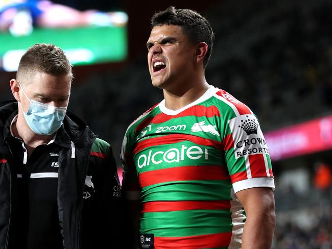 South Sydney star Latrell Mitchell’s season is over after rupturing his hamstring tendon. Picture: Phil Hillyard