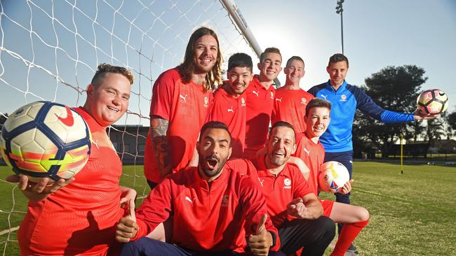 SA’s Cerebral Palsy team. Chris Okley, Nash McLean, 22, Thomas Ng, 25, Taylor Harvey, 22, James Von Stanke, 30, Riley Stubing, 15, and coaches Marco Flores Andrew Panazzolo and Jake Brindley Picture: Tom Huntley