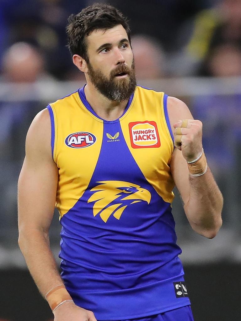 Josh Kennedy’s 700th career goal was one of the few highlights for the Eagles. Picture: Will Russell/AFL Photos via Getty Images