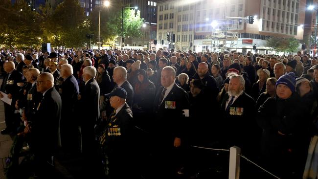 Around a thousand people gathered at the South Australian National War Memorial in Adelaide’s CBD. Picture: Kelly Barnes