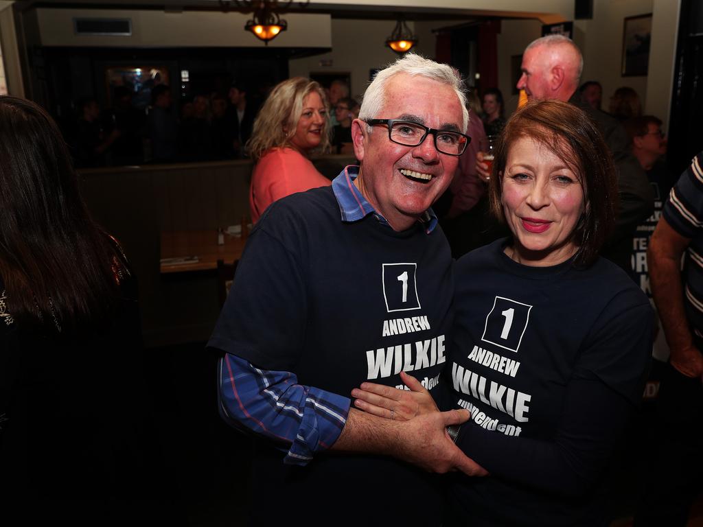 Independent member for Clark, Andrew Wilkie celebrates his win with partner Doctor Clare Ballingall at the Tasmanian Inn in Hobart. Picture: NIKKI DAVIS-JONES