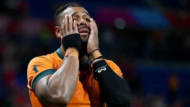 LYON, FRANCE - SEPTEMBER 24: Samu Kerevi of Australia reacts after their team's loss at full-time following the Rugby World Cup France 2023 match between Wales and Australia at Parc Olympique on September 24, 2023 in Lyon, France. (Photo by Hannah Peters/Getty Images)