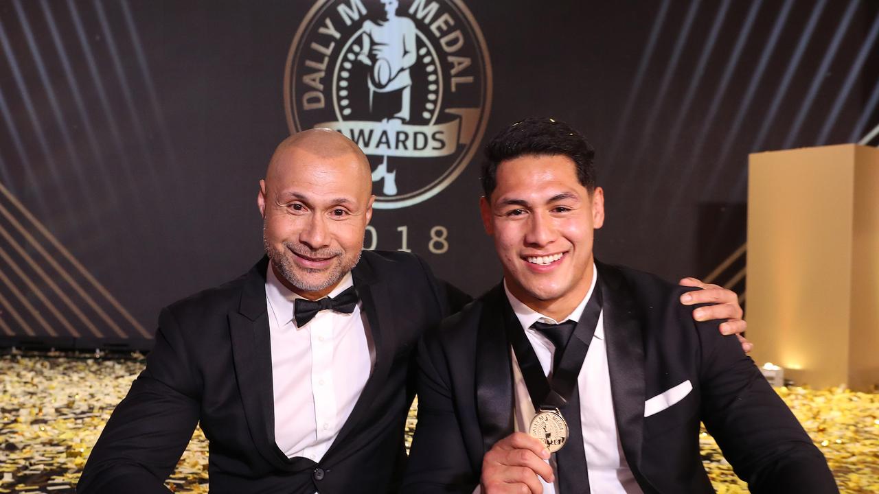 Dally M Player of the Year Roger Tuivasa-Sheck with his father Johnny during the 2018 Dally M Awards. Picture: Brett Costello