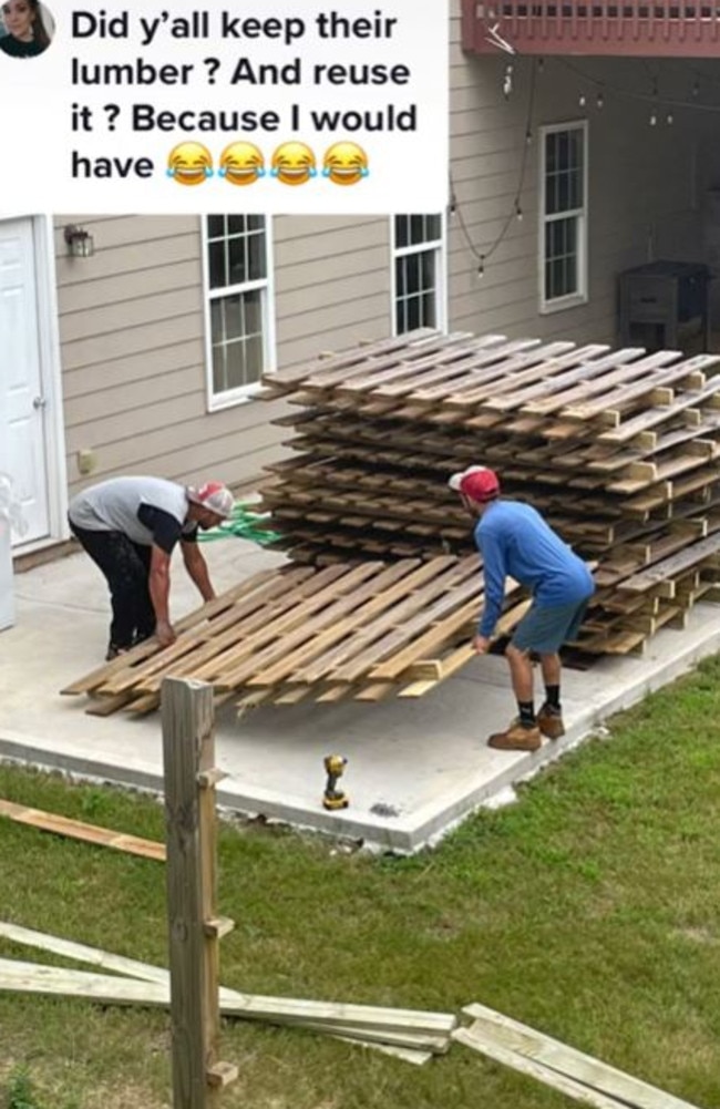 The homeowner said they made sure to neatly stack the neighbour’s dismantled fence and set it aside for them. Picture: @unbewreathable / TikTok