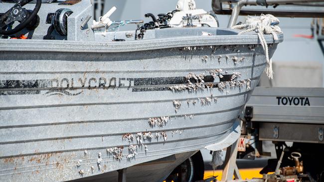 The barnacle-covered boat was recovered 1600 kilometres from where it was last seen. Picture: Pema Tamang Pakhrin