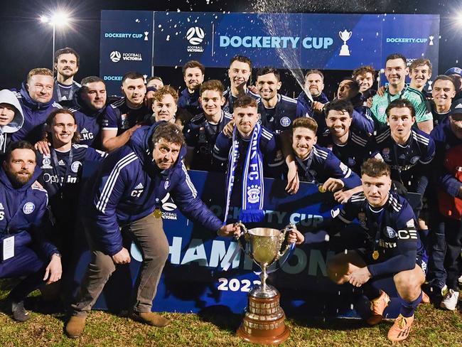 Oakleigh Cannons lift the Dockerty Cup. Picture: Mark Avellino