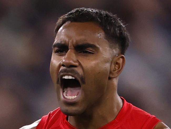 MELBOURNE, AUSTRALIA - AUGUST 23: Kysaiah Pickett of the Demons celebrates a goal during the round 24 AFL match between Melbourne Demons and Collingwood Magpies at Melbourne Cricket Ground, on August 23, 2024, in Melbourne, Australia. (Photo by Darrian Traynor/Getty Images)