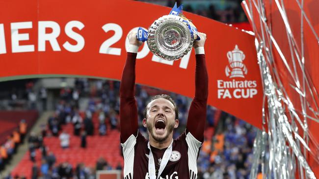 James Maddison of Leicester City lifts the Emirates FA Cup Trophy following the final match between Chelsea and Leicester City at Wembley Stadium, in London, England. Picture: Getty