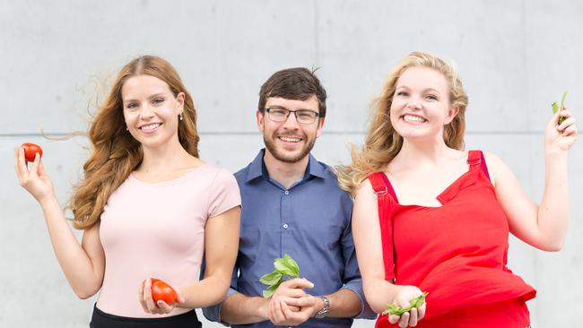 Waste negative: Agriculture graduate Michelle Demers, chemist Jared Wood and business graduate Kimberly Bolton launched Carapac, a business that uses crustacean shells to make biodegradable packaging. Picture: Reni Indrawan, University of Sydney Incubate